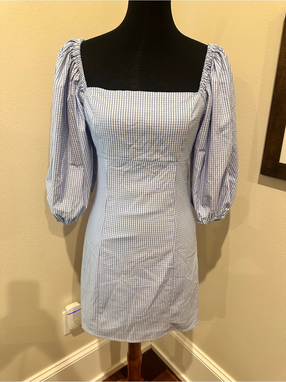 Forever21 Square Neck Puff-Sleeve Mini Dress in Light Blue Gingham Small - Picture 4 of 15